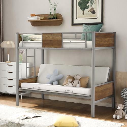 TwinOverFuton Bunk Bed, Metal Futon Bunk Bed Frame with Guardrails