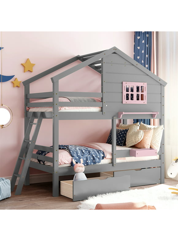 Twin Over Twin House Bunk Bed Castle Bed for Girls and Boys, Wood Bed Frame with 2 Drawers, 1 Storage, 1 Shelf and Ladder, Kids House Bed for 2, Wooden Bunk Bed Frame with Window and Roof, Gray