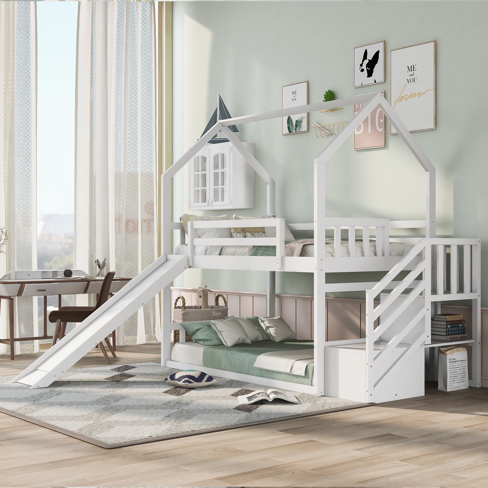 Twin Over Twin House Bunk Bed with Convertible Slide, Wood Stairway ...