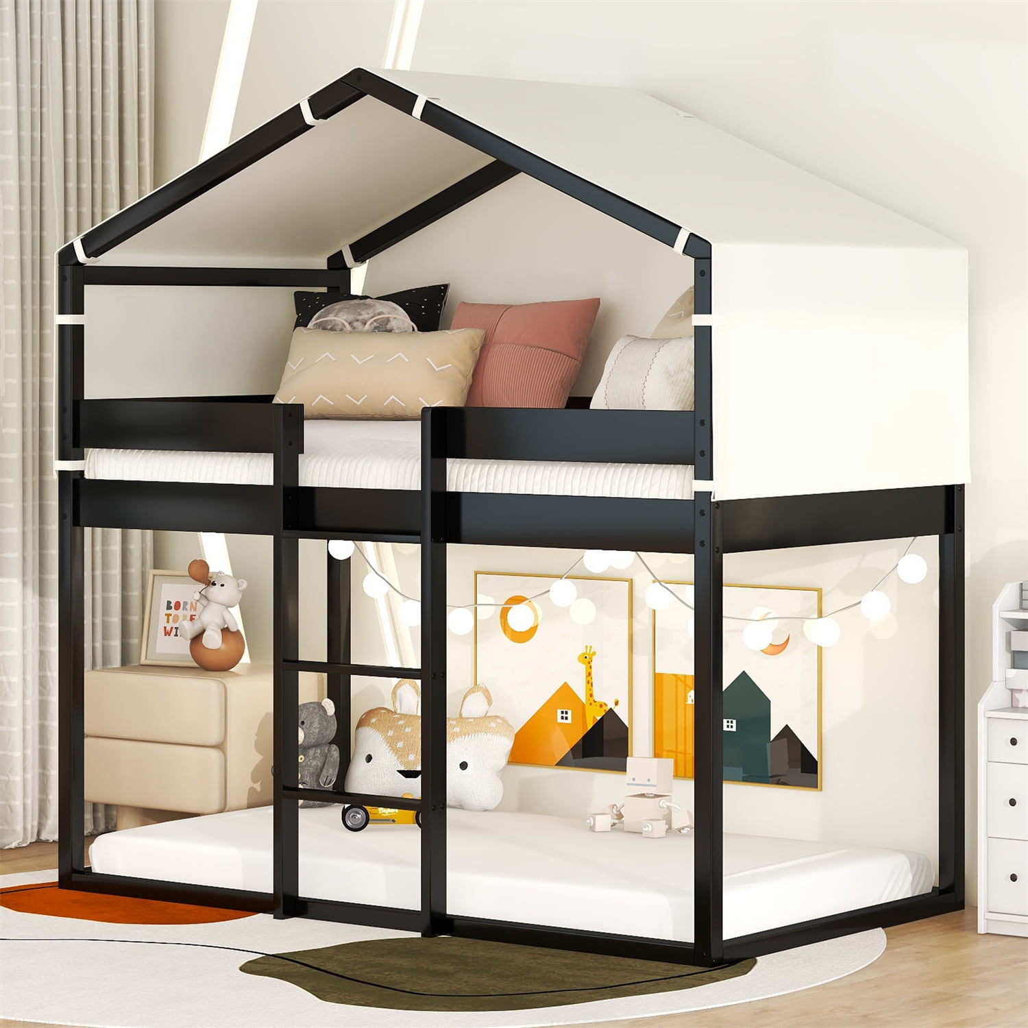 Twin Over Twin House Bunk Bed with Detachable Tent, Solid Wood Floor ...