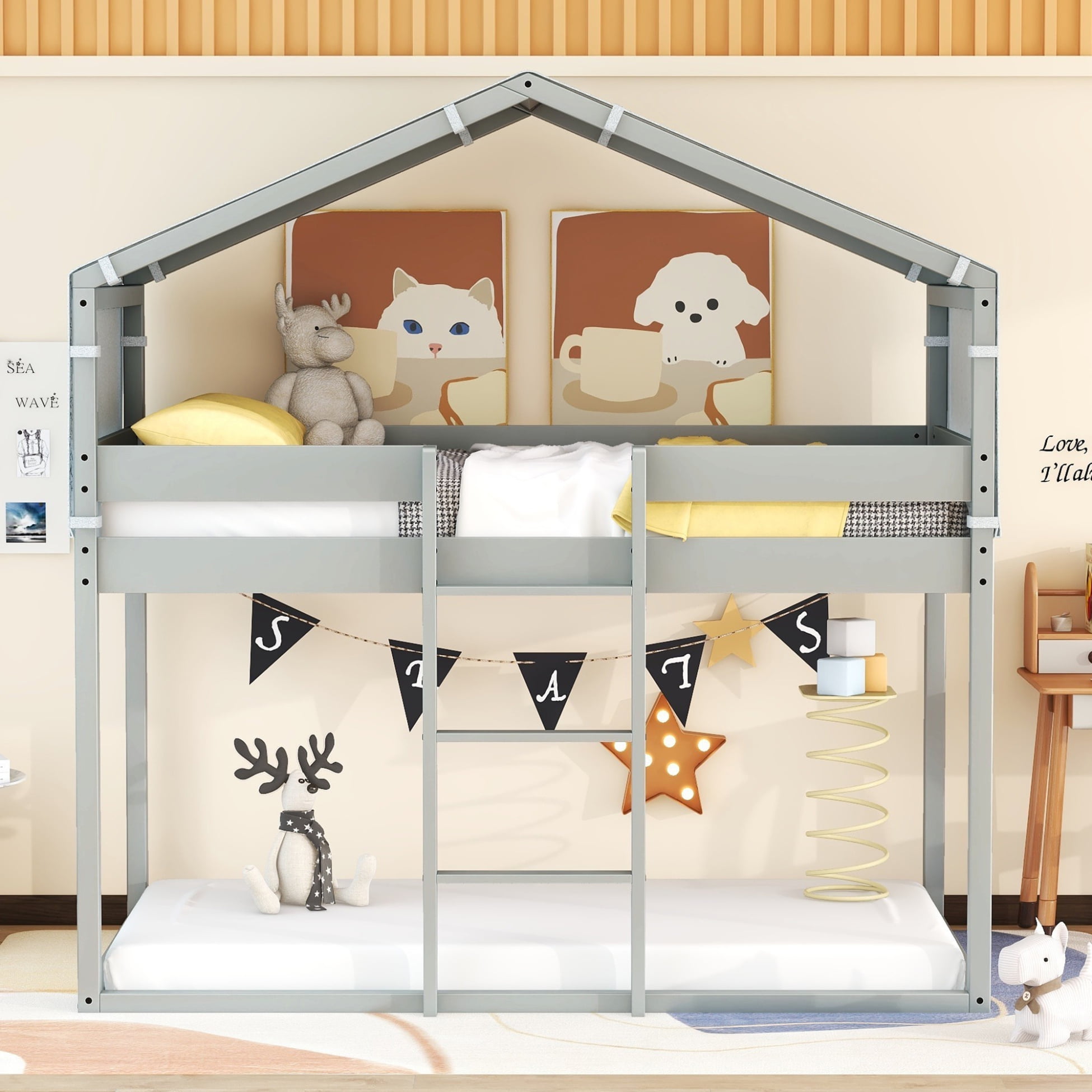 Twin Over Twin House Bunk Bed Frame for Kids, Wood Platform Bed with
