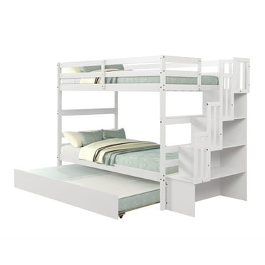 Twin Over Twin Kids Bunk Bed, Solid Wood Bunk Bed Frame with Trundle, White Twin Bunk Bed with Staircase and Storage Shelves, No Box Spring Needed, Easy Assembly