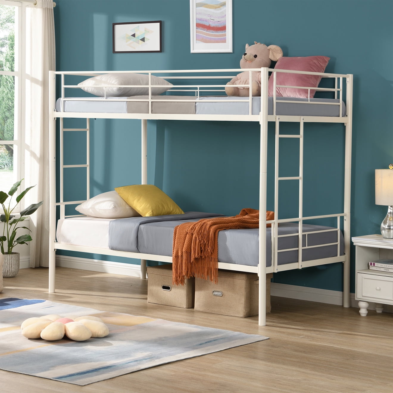 Twin Over Twin Metal Bunk Bed with Ladder and FullLength Guardrail