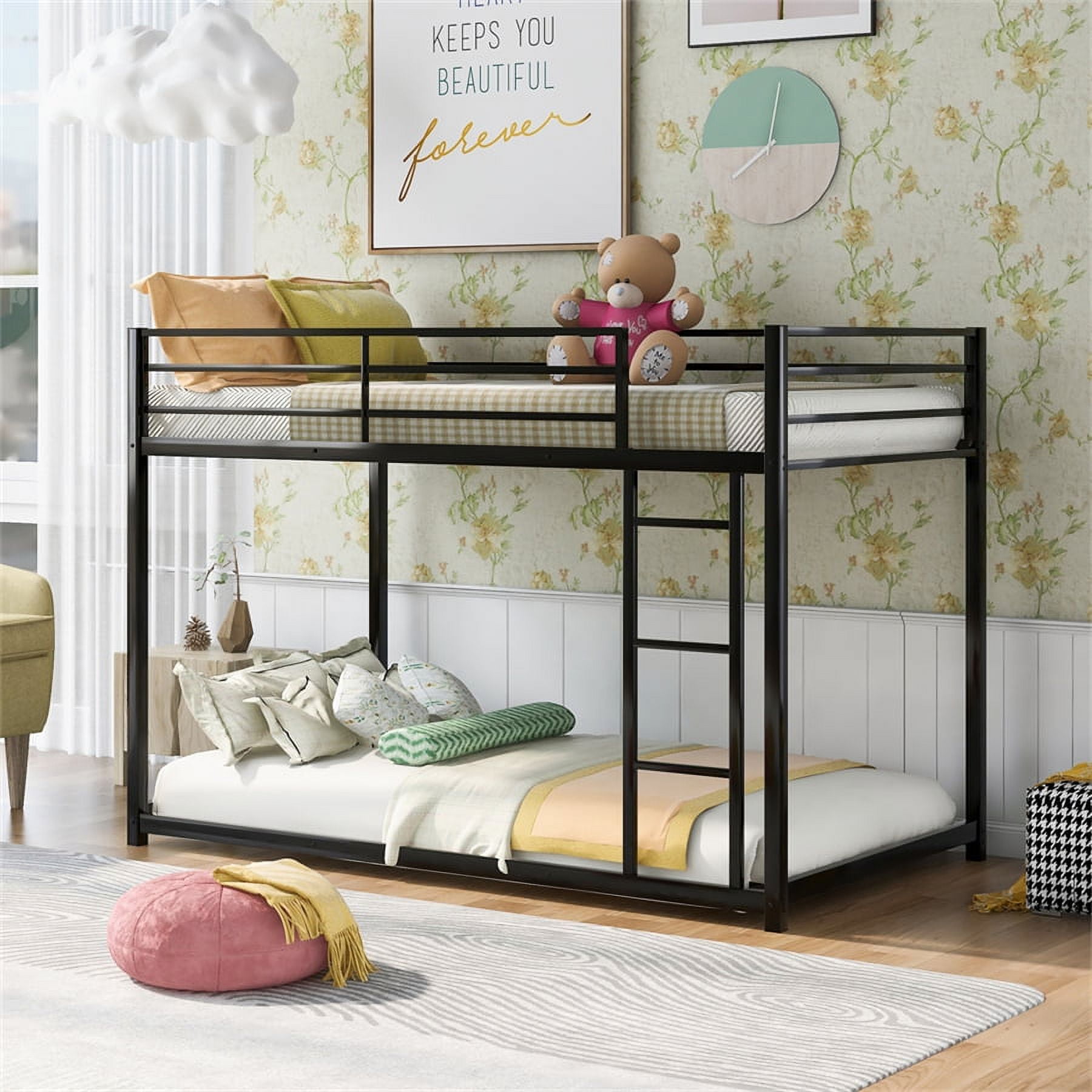 Twin Over Twin Metal Bunk Bed, Low Twin Bunk Bed With Safety Guardrail