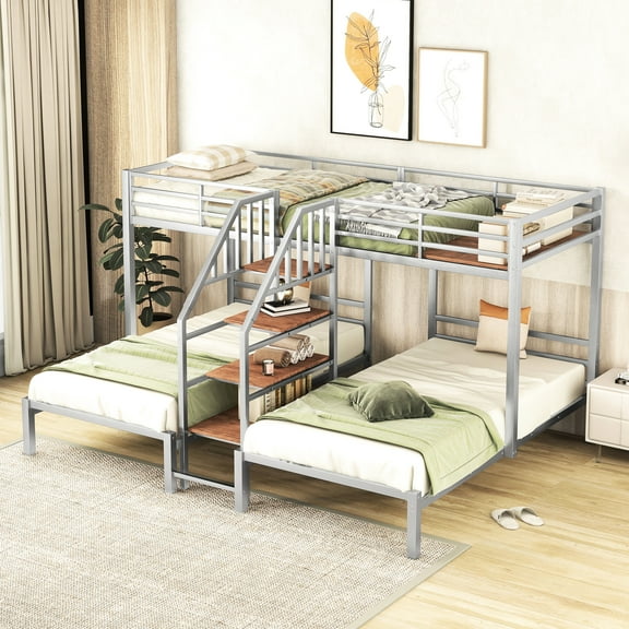 Twin Over & Metal Bunk Bed With Silver Storage And Staircase - Bedroom Sophistication Storage, For