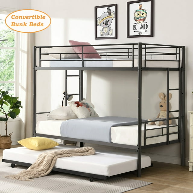 Twin Over Twin Metal Bunk Beds with Trundle, BTMWAY Convertible Metal