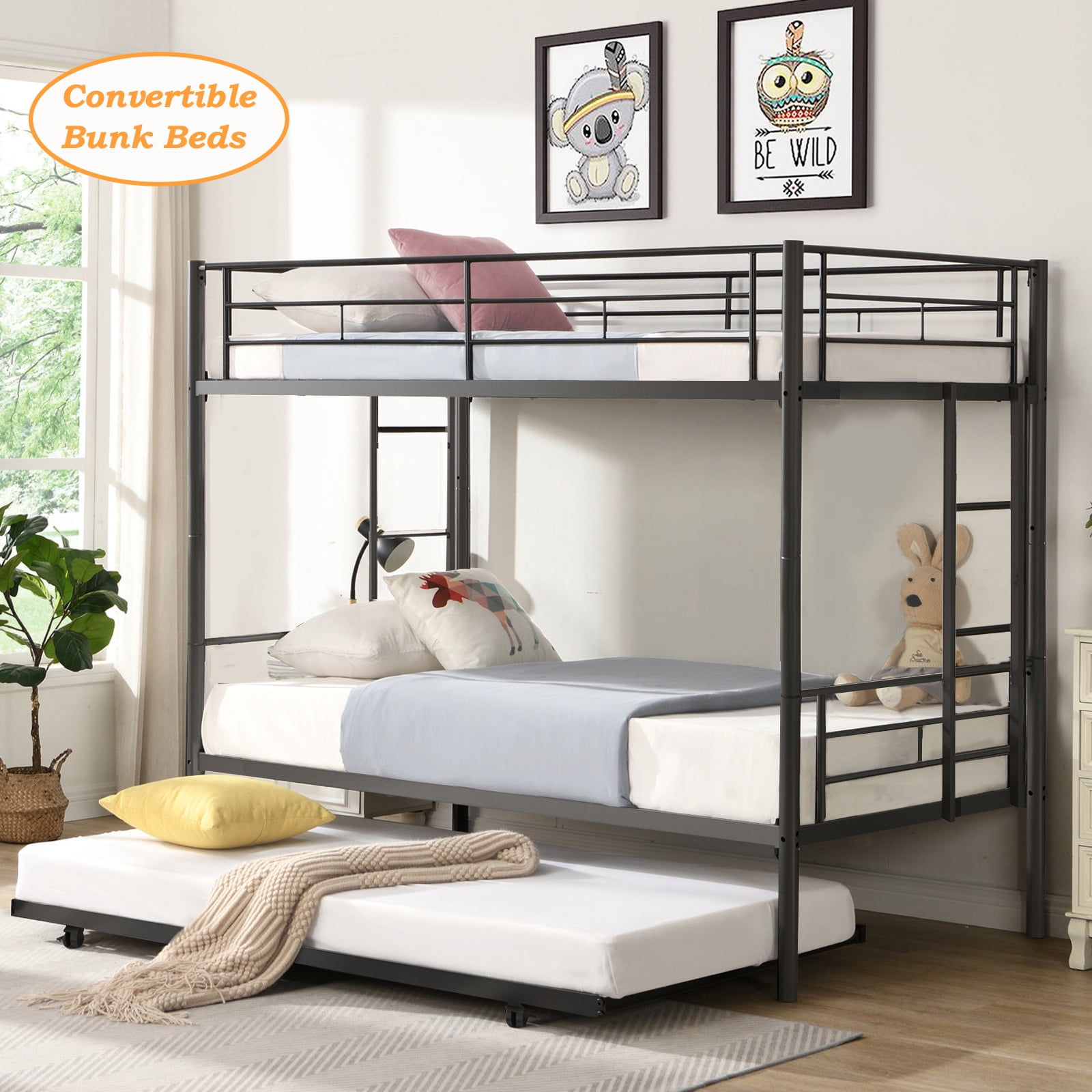 Twin Over Full Metal Bunk Beds with Trundle Bed, Paproos Metal Bunk