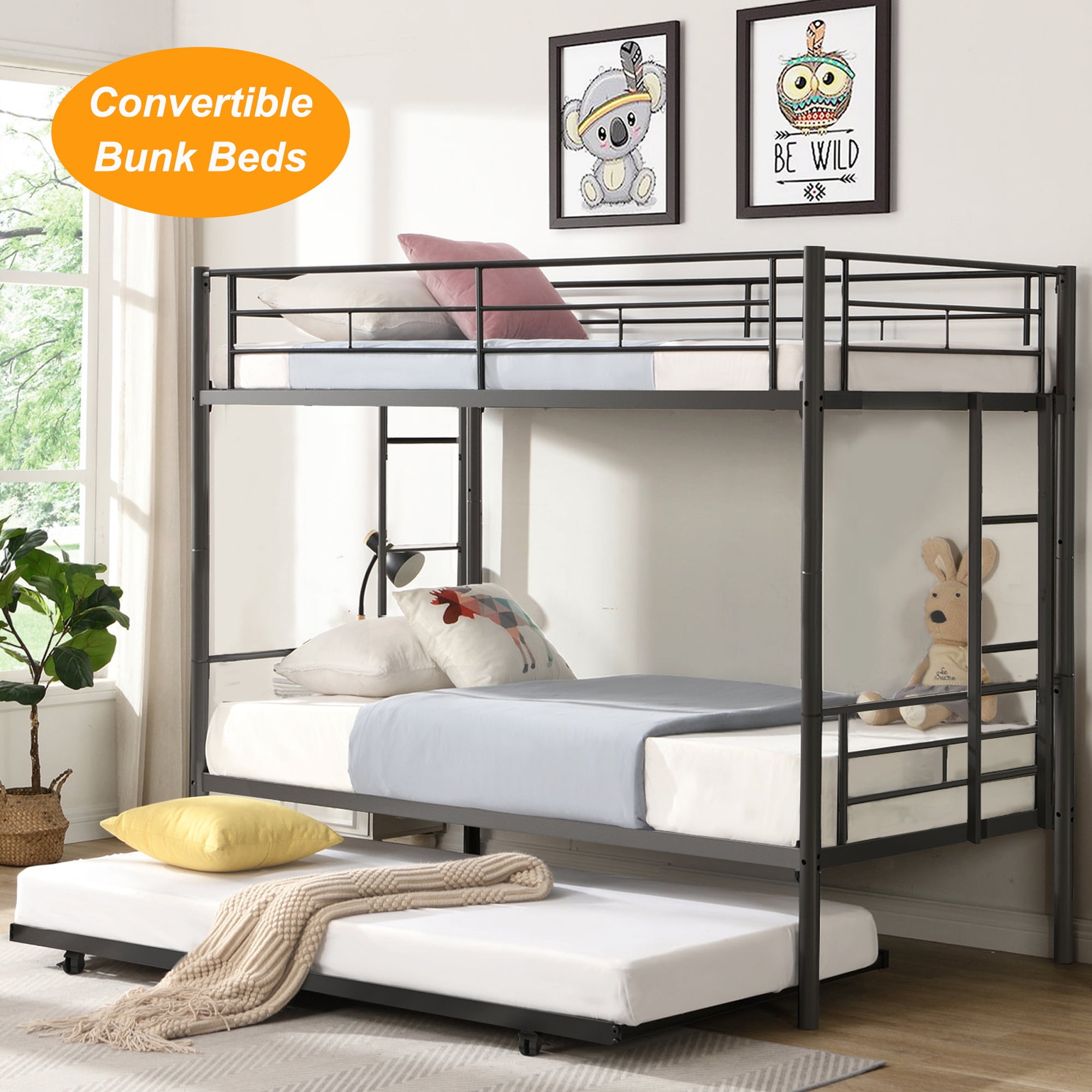 Twin Over Twin Metal Bunk Beds with Trundle, Paproos Convertible Metal