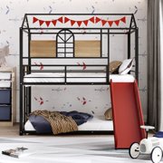Twin Over Twin Metal Loft Bunk Bed, Metal House Bed with Slide and Ladder, Multifunctional Design, with Safety Guard Rails for Kids Teens Adults/No Box Spring Required