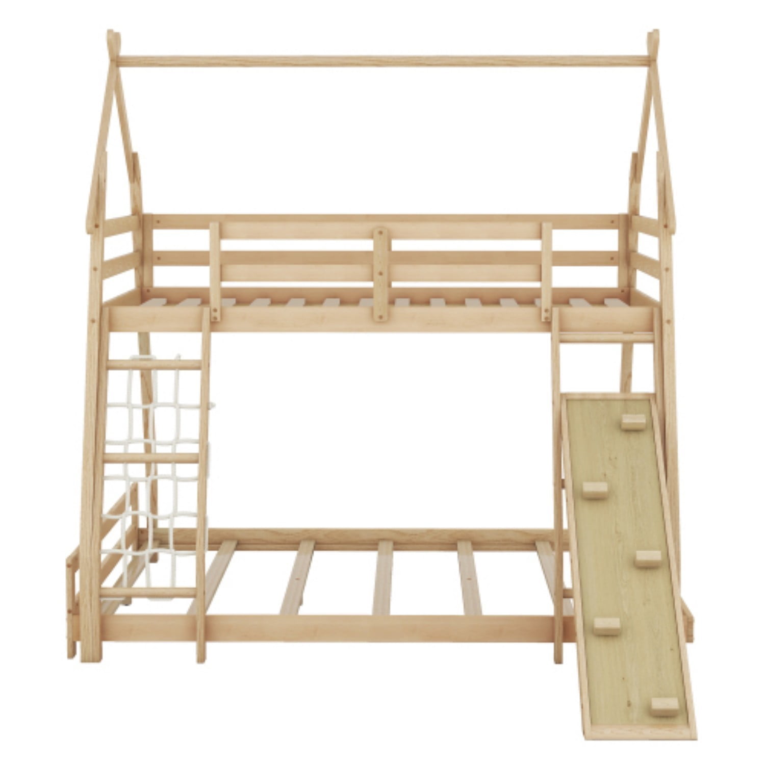 Twin Over Queen House Bunk Bed with Climbing Net & Ramp, Wooden Loft Bed with Guardrails, Space Saving Kids Bunk Bed for Bedroom, Natural