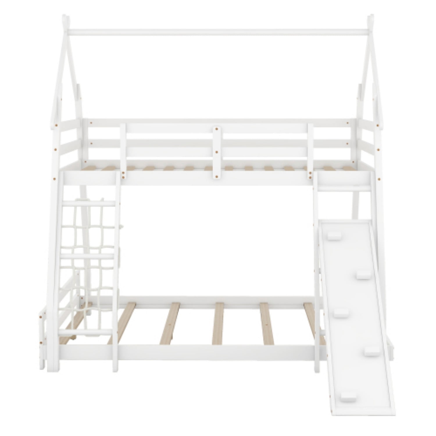Twin Over Queen House Bunk Bed with Climbing Net & Ramp, Wooden Loft Bed with Guardrails, Space Saving Kids Bunk Bed for Bedroom, White