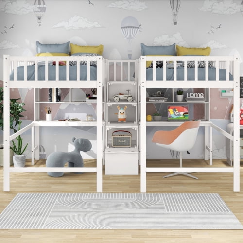 Twin Over Twin Size Loft Bed with 2 Desks and Storage Staircase, Wood Bed Frame with Open Book Shelf,Solid Wood Slats and Safety Guardrails,No Spring Box Needed