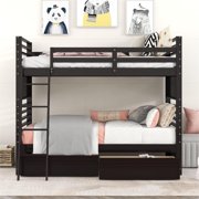 Twin Over Twin Solid Wood Bunk Bed with Two Drawers and Ladder, Reinforced Structure for Toddler Kids Teens Down Bed can be Converted into Daybed(Espresso)