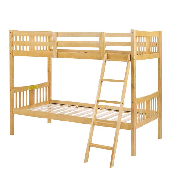 Twin Over Twin Bunk Bed, Convertible Solid Pine Wood Bunk Beds with Inclined Ladder, Guardrails and Under-Bed Storage