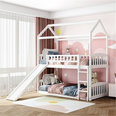 Twin Over Twin Bunk Bed Frame with Slide and Built-in Ladder, Wood House-shaped Bed for Kids, Boys and Girls, White
