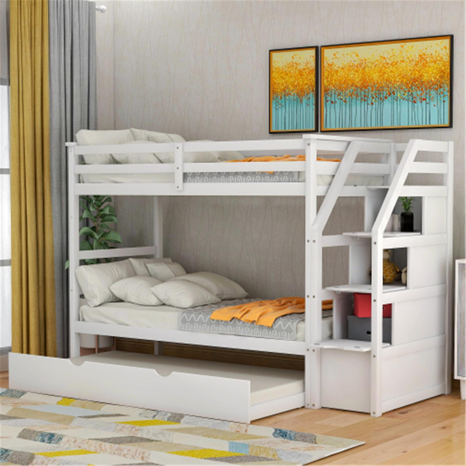Twin Over Twin Bunk Bed Frame with Trundle and Storage Stairs