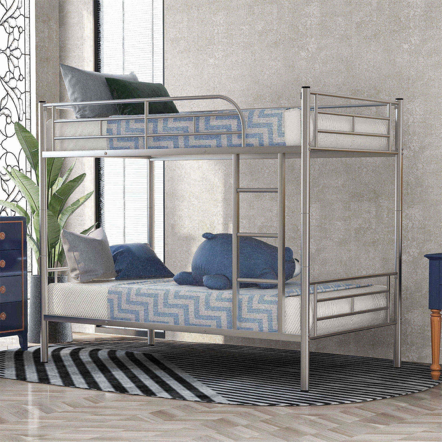 Twin Over Twin Bunk Bed Metal Bunk Bed Frame with Ladder and Safety