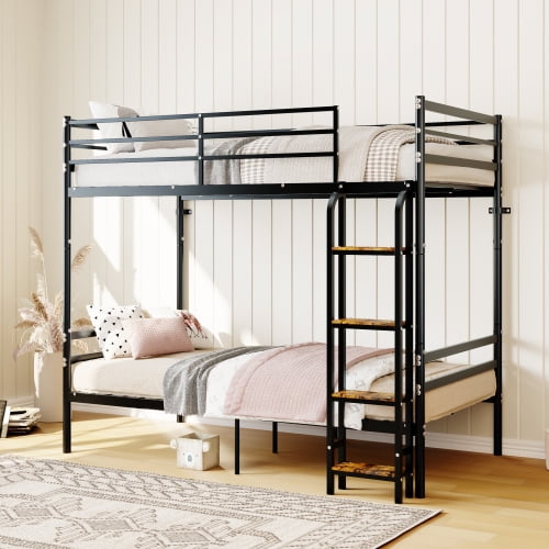Twin Over Twin Bunk Bed, Metal Bunkbeds with Ladder, Space Saving, No Boxing Spring Needed, Black
