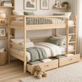 thumbnail image 1 of Twin Over Twin Bunk Bed, Pine Wood Bunk with 2 Drawers, Converts to 2 Twin Beds, with Ladder & Safety Guardrails, Natural, 1 of 12