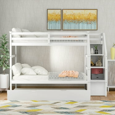 Twin-Over-Twin Bunk Bed Trundle,3 in 1 Bed Wood Bunk Bed Frame with 3 Storage Staircase and Ladder & Full Length Guardrails,for Kids Teens, Bedroom,No Box Spring Needed