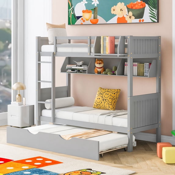 Twin-Over-Twin Bunk Bed with Twin size Trundle, Separable Bunk Bed with Bookshelf & Full-length Guardrail & Ladder, Multifuncational Bunk Bed for Teens Adults, No Box Spring Needed, Gray