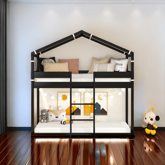 Twin Over Twin Bunk Bed Wood Bed with Tent