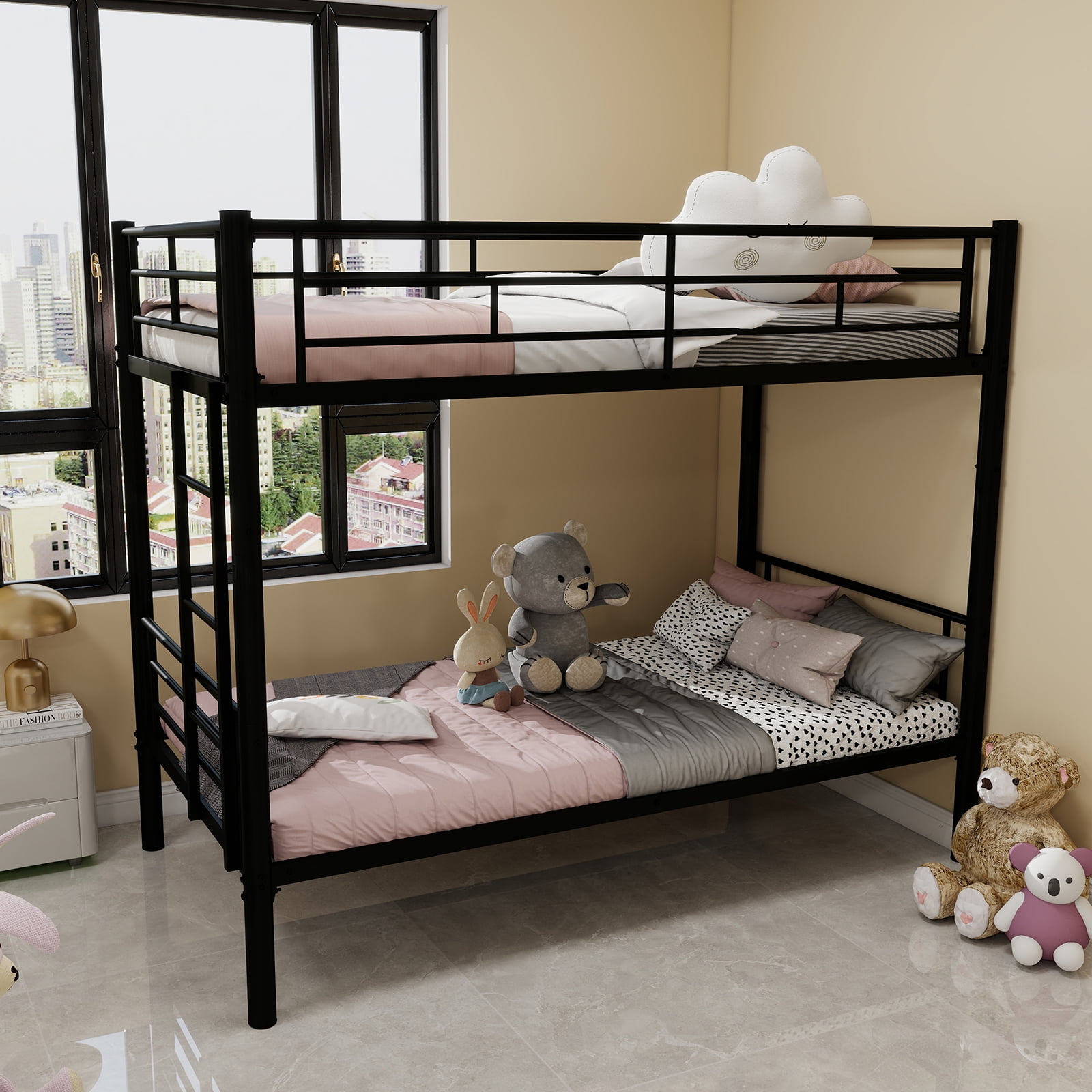 Leumius Twin Over Twin Bunk Bed for Kids Boys Girls, Metal Bunk Bed with Ladders & Guardrail,Convertible 2 Beds,Black