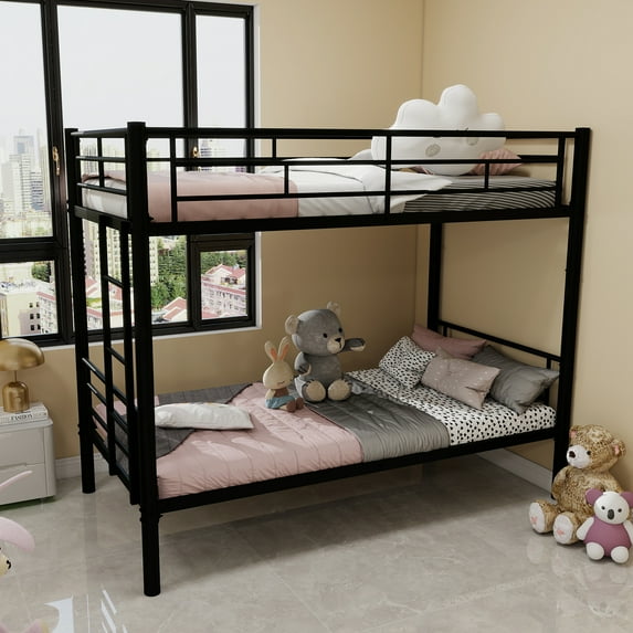Leumius Twin Over Twin Bunk Bed for Kids Boys Girls, Metal Bunk Bed with Ladders & Guardrail,Convertible 2 Beds,Black