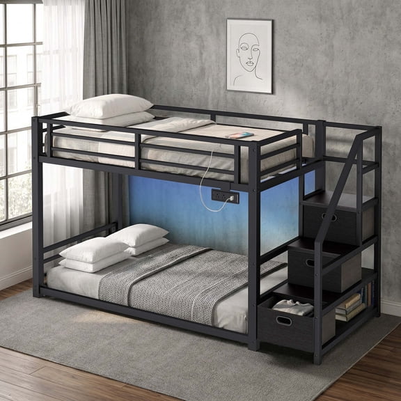 Twin Over Twin Bunk Bed for Small Spaces with Storage Stairs, LED Lights, USB Charging Station, Metal Bunk Bed with 3 Drawers and Shelves, Black