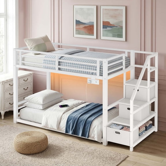 Twin Over Twin Bunk Bed for Small Spaces with Storage Stairs, LED Lights, USB Charging Station, Metal Bunk Bed with 3 Drawers and Shelves, White