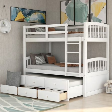 Twin-Over-Twin Bunk Bed for Teens Bedroom - Comes with Ladder, Safety Rail & 3 Drawers (White), Easy to Convert & Store!