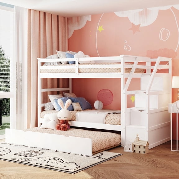 Twin-Over-Twin Bunk Bed in White with Trundle and Spacious Storage Stairs