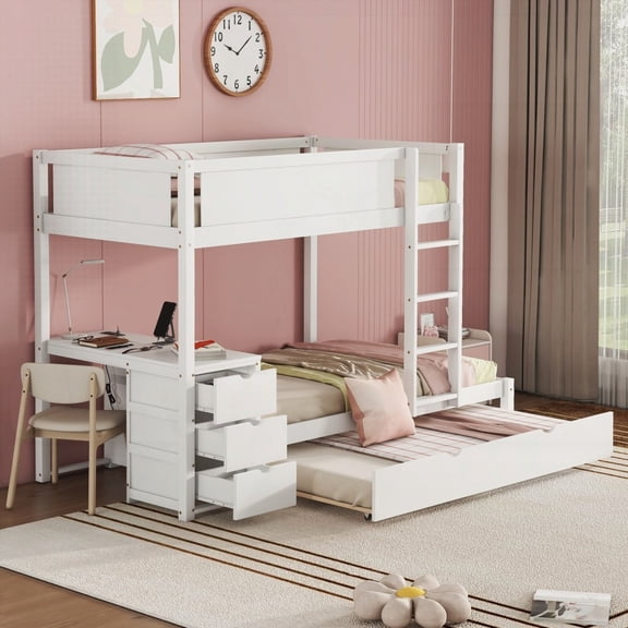 Twin-Over-Twin Bunk Bed w/Twin Trundle, Storage & Desk (White) - USB Outlets & Safety!