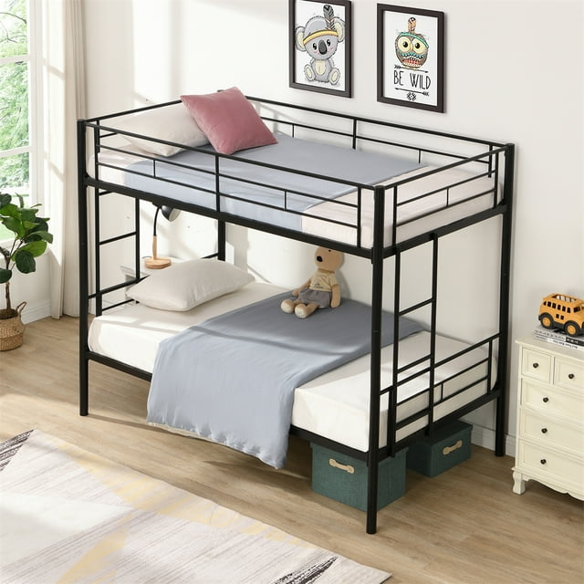 Twin Over Twin Bunk Bed with 2 Ladders and FullLength Guardrail, Metal