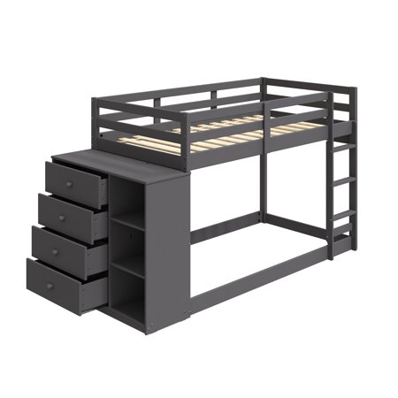 Twin Over Twin Bunk Bed with 4 Drawers and Open Storage Shelves