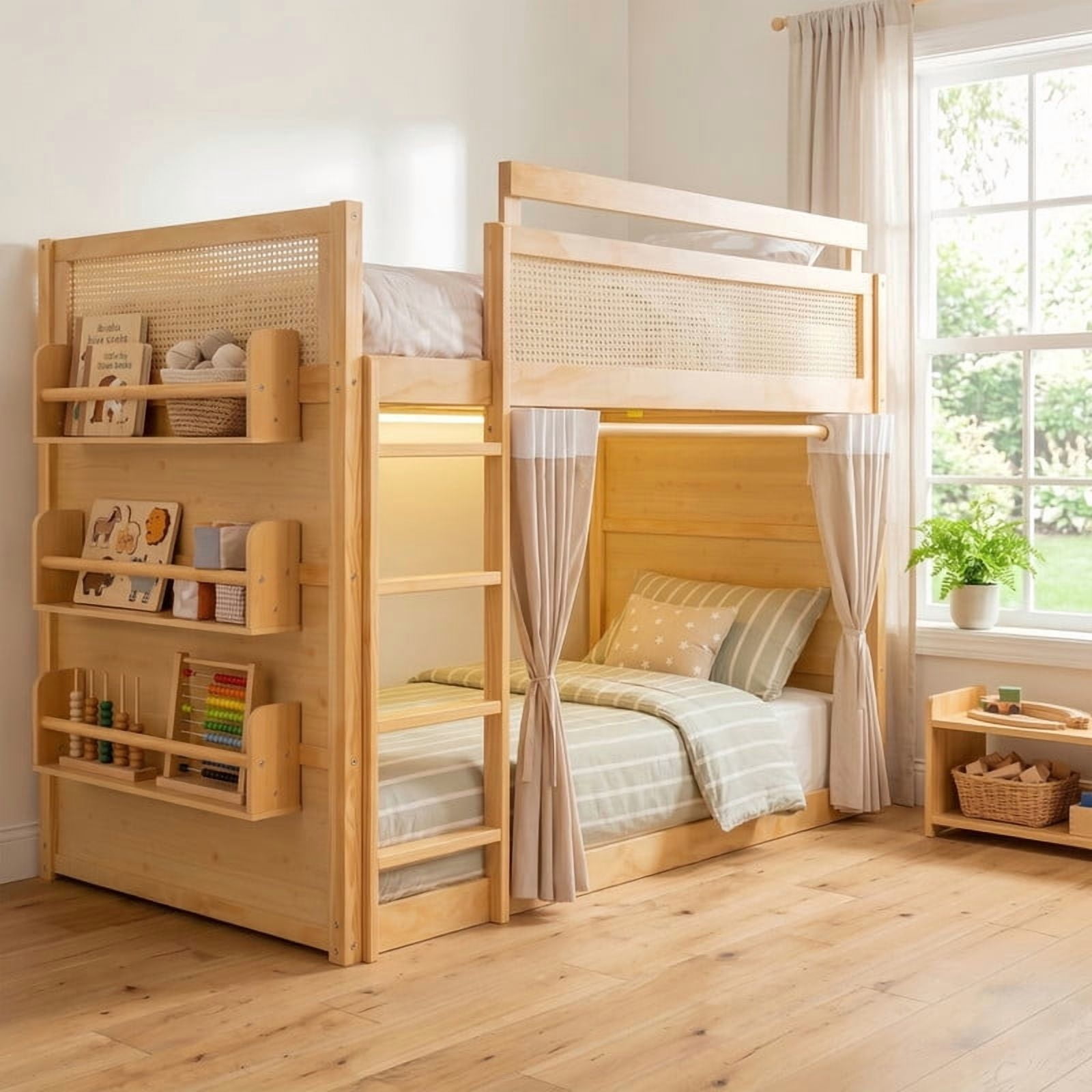 Twin-Over-Twin Bunk Bed with Bedside 3-Tier Storage Bookshelf, Teens/Kids Rattan Guardrail Bed Frame with Curtain & Light
