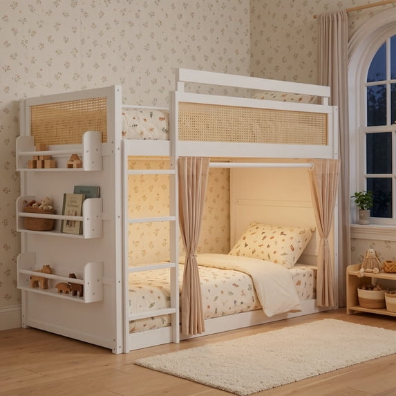 Twin-Over-Twin Bunk Bed with Bedside 3-Tier Storage Bookshelf, Teens/Kids Rattan Guardrail Bed Frame with Curtain & Light