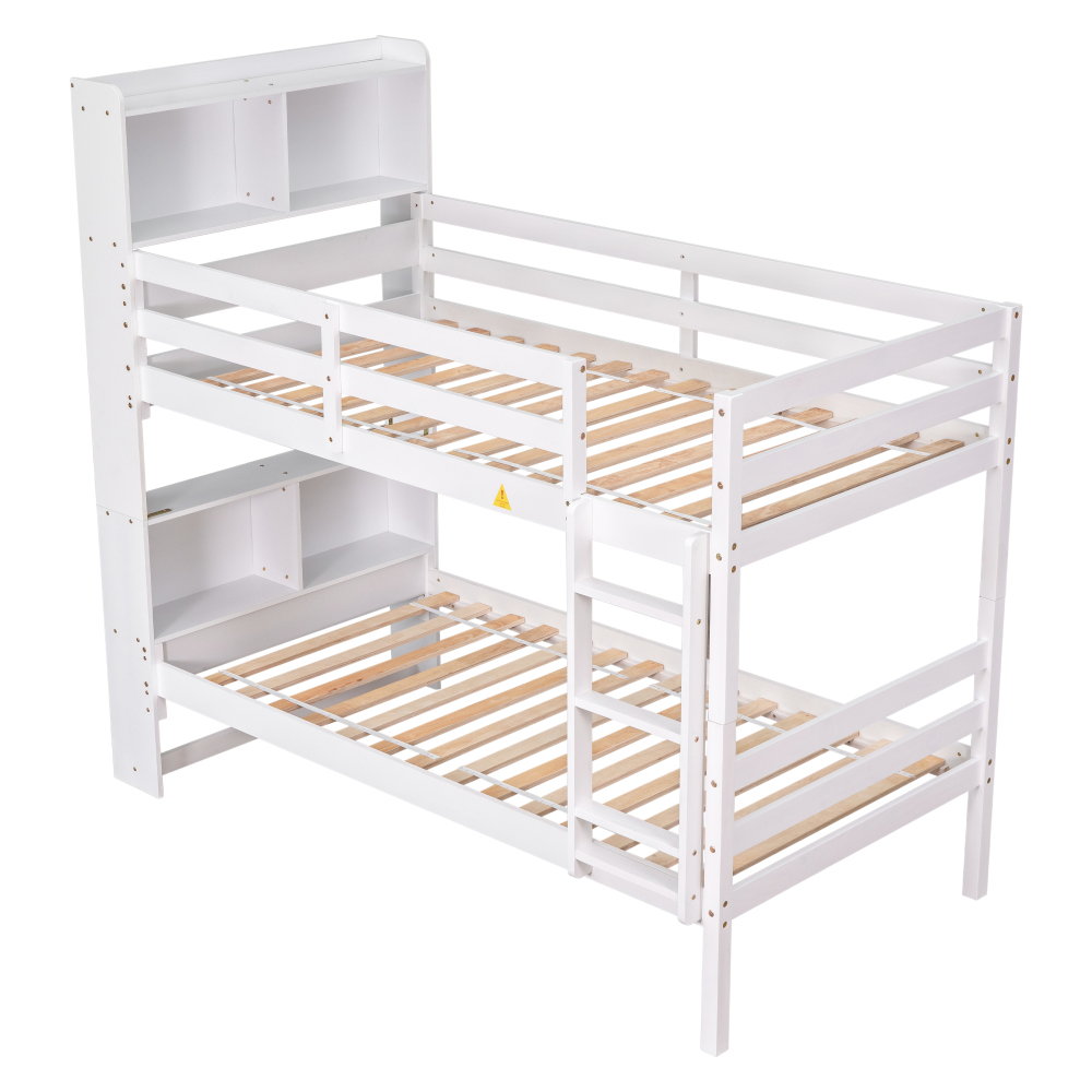 Twin Over Twin Bunk Bed with Bookcase and Headboard, Pine Wood