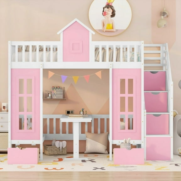 Twin-Over-Twin Bunk Bed with Changeable Table, Fun Playhouse Design - Pink, Three Color Schemes Available