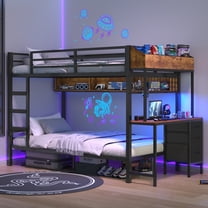 AOGLLATI Twin Over Twin Bunk Beds with Bedside Storage & LED Lights for Teens Loft Bed with Desk and Storage Drawers Black