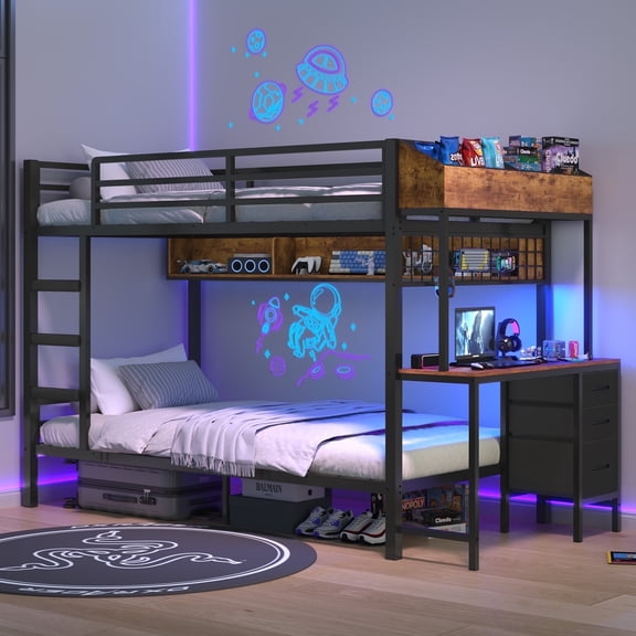 AOGLLATI Twin Over Twin Bunk Beds with Bedside Storage & LED Lights for Teens Loft Bed with Desk and Storage Drawers Black