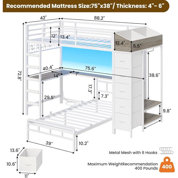 Twin Over Twin Bunk Bed with Desk, LED Lights, Hall Tree & Charging Station, 5 Drawers, White