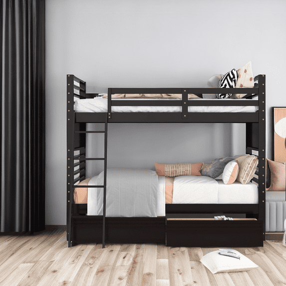 Twin Over Twin Bunk Bed with Drawers, Twin Size Wood Bunk Bed Frame with Ladder & 2 Storage Drawers, Bedroom Furniture