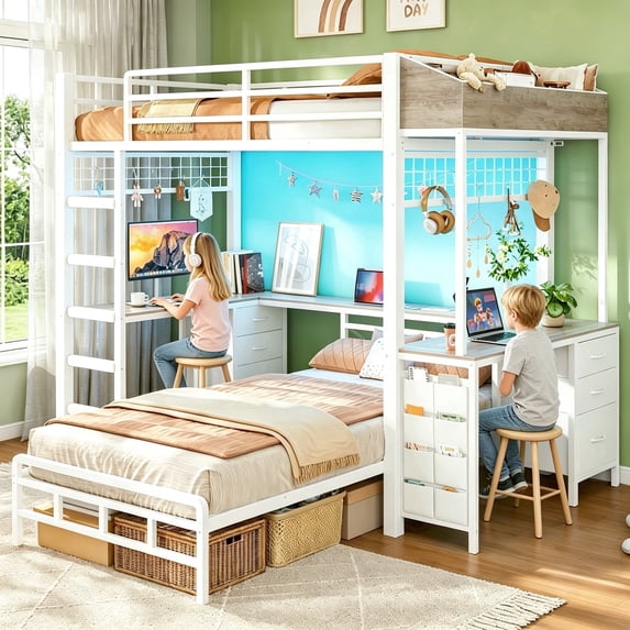 Twin Over Twin Bunk Bed with Dual Desk, L-Shaped Gaming Loft Bunk Bedwith 6 Storage Drawers for 2 People White & Gray