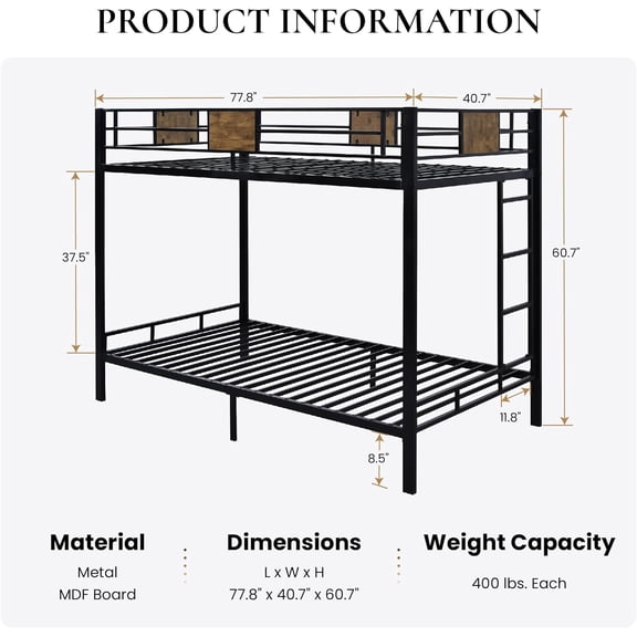 Twin Over Twin Bunk Bed with Ladder and Guardrail, Rustic Metal Frame for Bedroom Dorm Space Saving