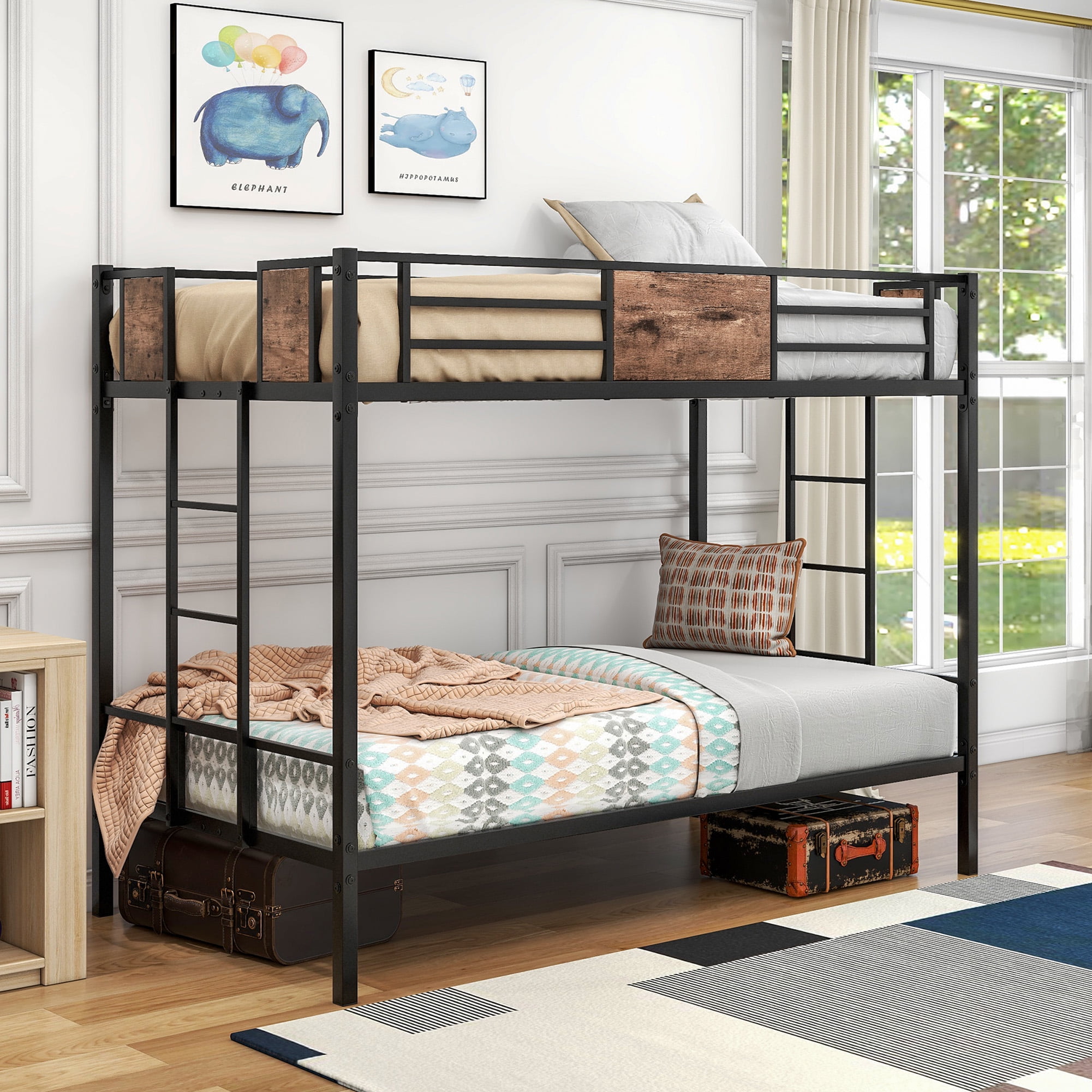 Twin Over Twin Bunk Bed With Slide & Ladder - Low Profile, Safety Guardrails, Pink, No Box Spring Needed
