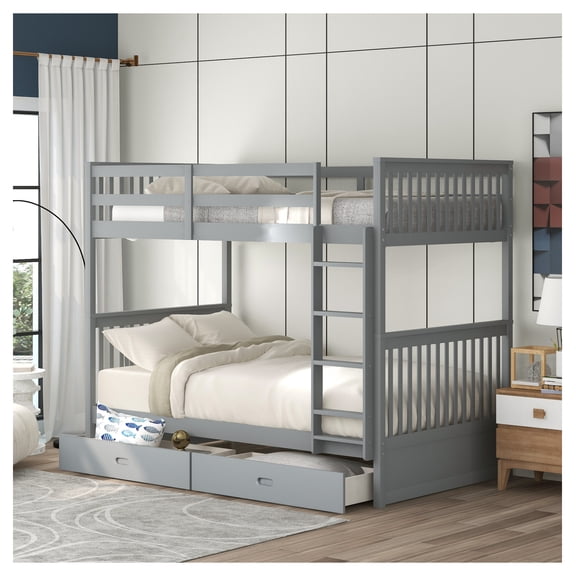 Twin-Over-Twin Bunk Bed with Ladders and Two Storage Drawers (Gray)(LT000265AAE)