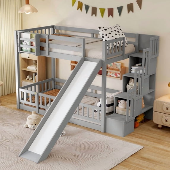 Twin-Over-Twin Bunk Bed with Slide, Storage Staircase & Detachable Rack, Wooden Kids Bed Frame with LED Light & Guardrail