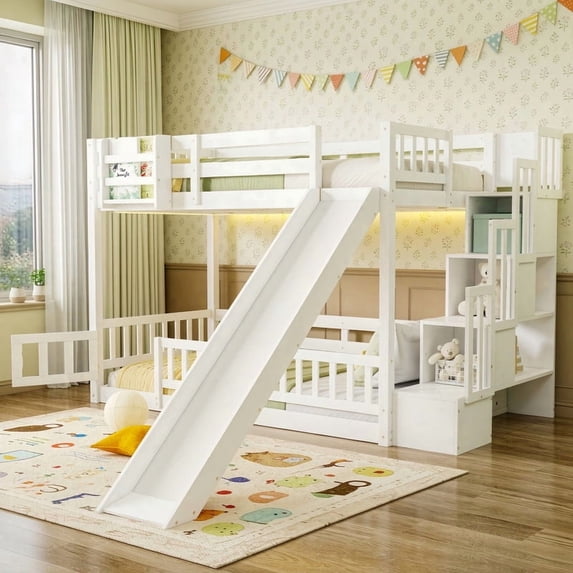 Twin-Over-Twin Bunk Bed with Slide, Storage Staircase & Detachable Rack, Wooden Kids Bed Frame with LED Light & Guardrail