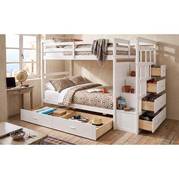 Twin Over Twin Bunk Bed with Staircase & 2 Storage Drawers, Solid Pine Wood Frame, Space-Saving Design, No Box Spring Needed, White